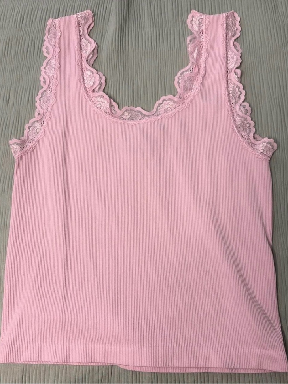 Pink Lace-Trim Ribbed Tank Top Size M/L - Picture 4 of 4